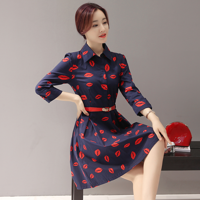 Spring dress 2017 new womens Korean version Chinese A-style fashion versatile Pullover 7 / 4 sleeve printed shirt skirt