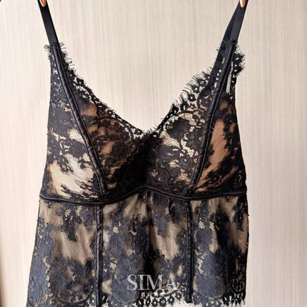 性感纯欲黑色睫毛蕾丝吊带女外穿美背流苏边显瘦背心上衣
