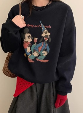 韩国东大门2025新款可爱米奇卡通印花加绒圆领卫衣女宽松休闲上衣