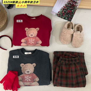 韩国东大门可爱休闲风小熊卡通印花加绒卫衣女冬新年款红色上衣