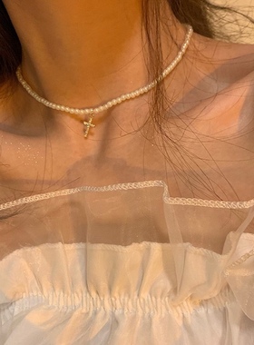 温柔仙气 珍珠项链女轻奢小众镶钻十字架吊坠锁骨链女简约气质夏