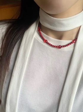 韩国东大门2024春季新款少女感红色爱心项链小众手工串珠锁骨链
