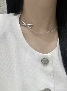 韩国东大门ins夏季透明串珠银色皮质蝴蝶结项链气质小众锁骨链女