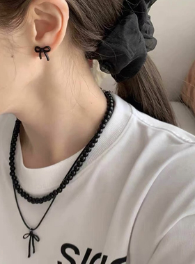 韩国fever同款仿黑玛瑙项链蝴蝶结吊坠锁骨链暗黑风叠戴项链颈链