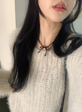 韩国ins风 简约精致黑水晶串珠蝴蝶结项链小众甜酷锁骨链颈链