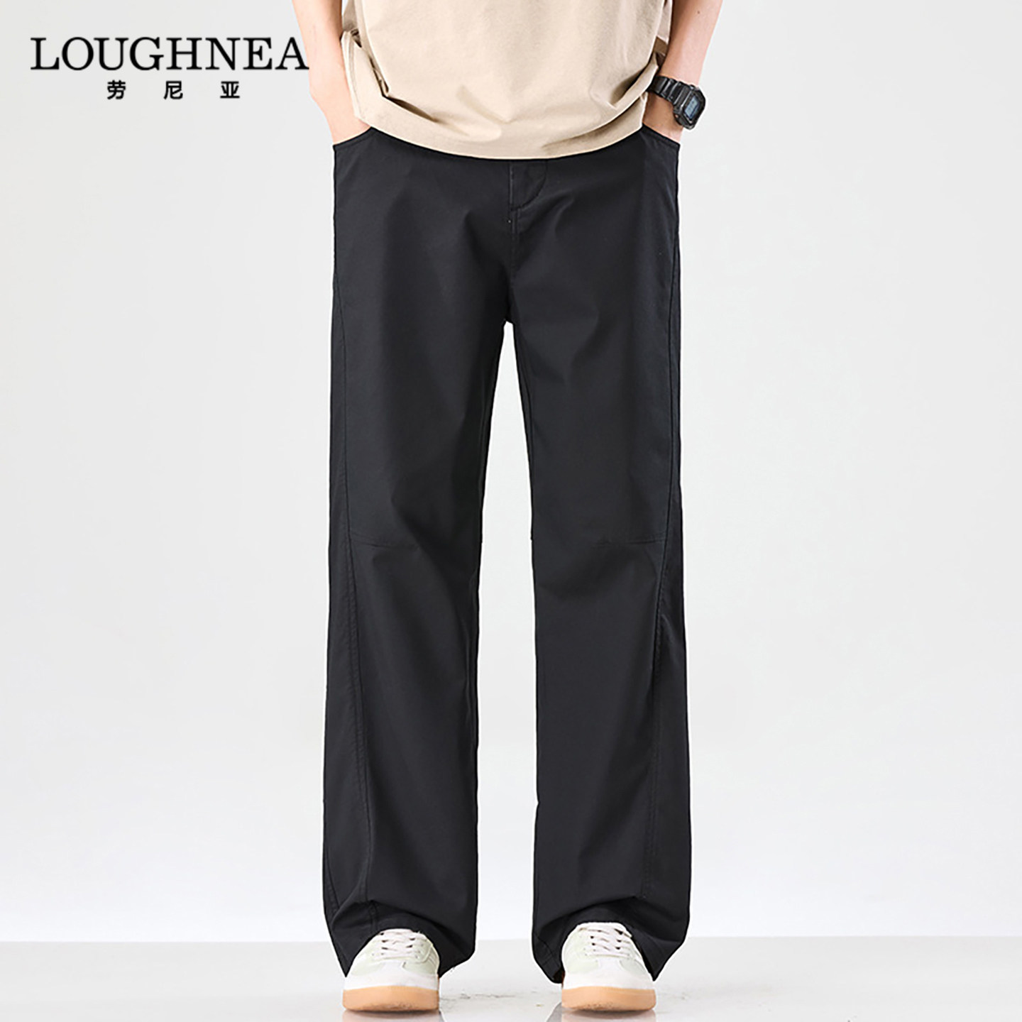 LOUGHNEA高端黑色直筒休闲裤男士春秋新款时尚通勤宽松阔腿长裤子