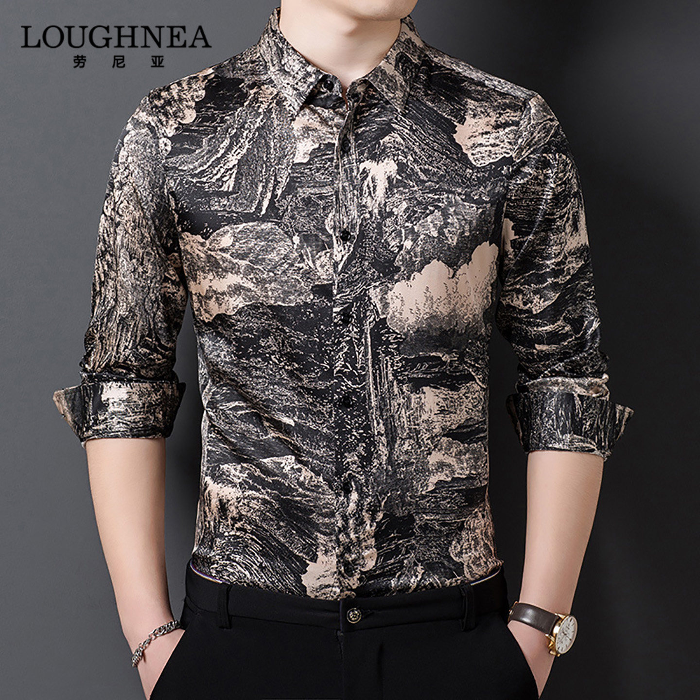 LOUGHNEA高端桑蚕丝衬衫长袖男春秋新款真丝绸缎面印花爸爸装衬衣