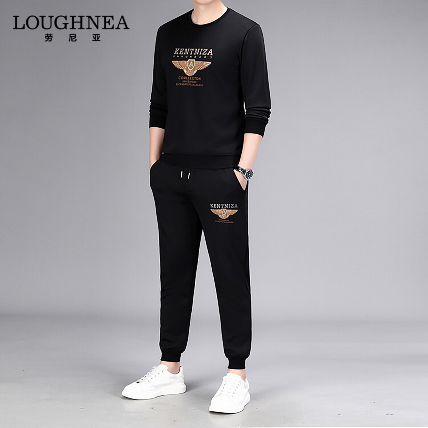 LOUGHNEA正品潮流黑色卫衣休闲运动套装春秋新款中年束脚裤两件套
