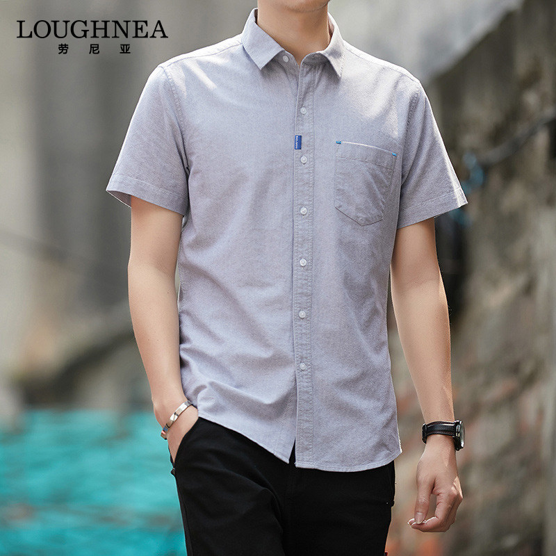 LOUGHNEA高端商务全棉短袖衬衫男夏季薄款免烫抗皱有口袋休闲衬衣