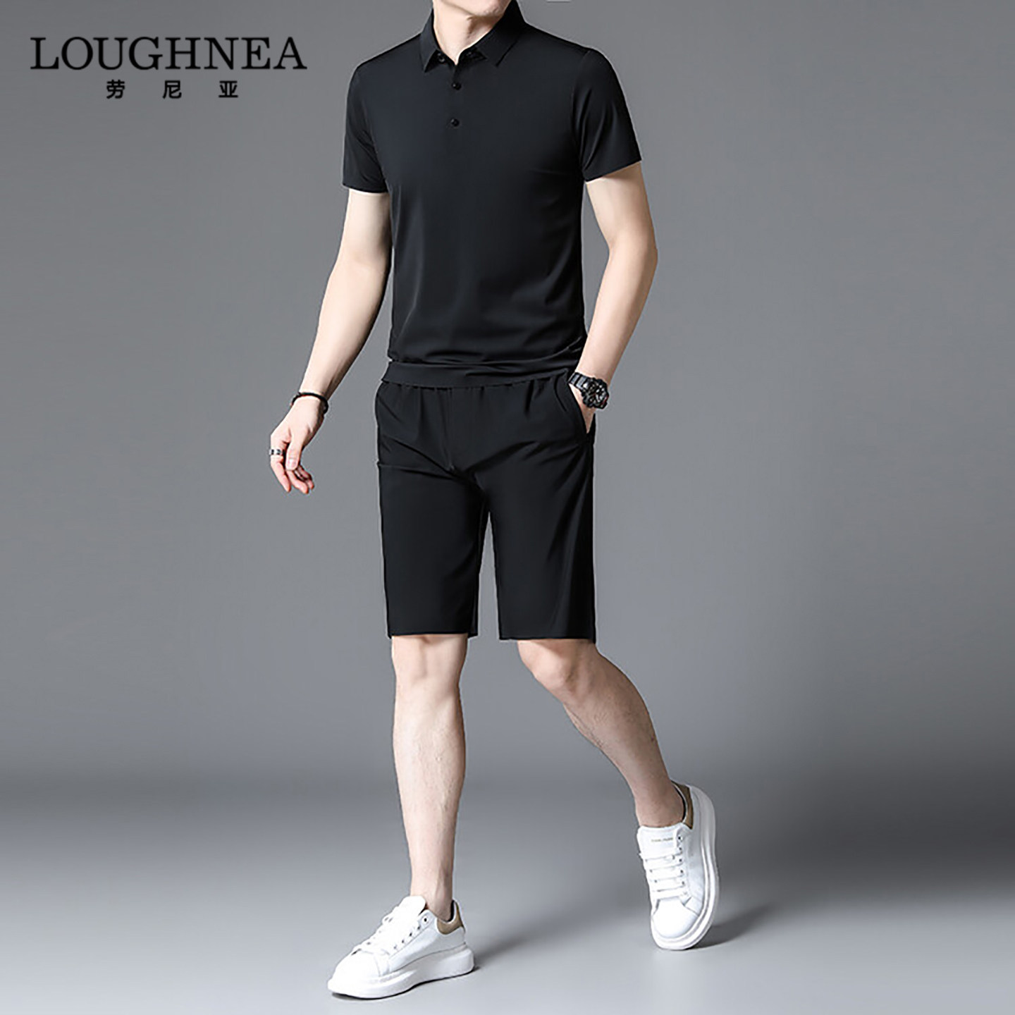 LOUGHNEA高档中年商务休闲短袖短裤男夏季薄款两件套POLO衫运动服