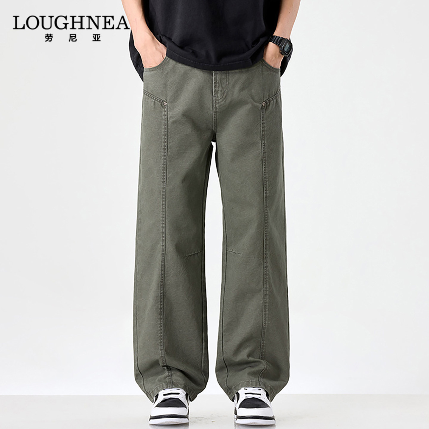 LOUGHNEA轻奢美式军绿工装休闲裤男直筒春秋新款中年宽松阔腿长裤