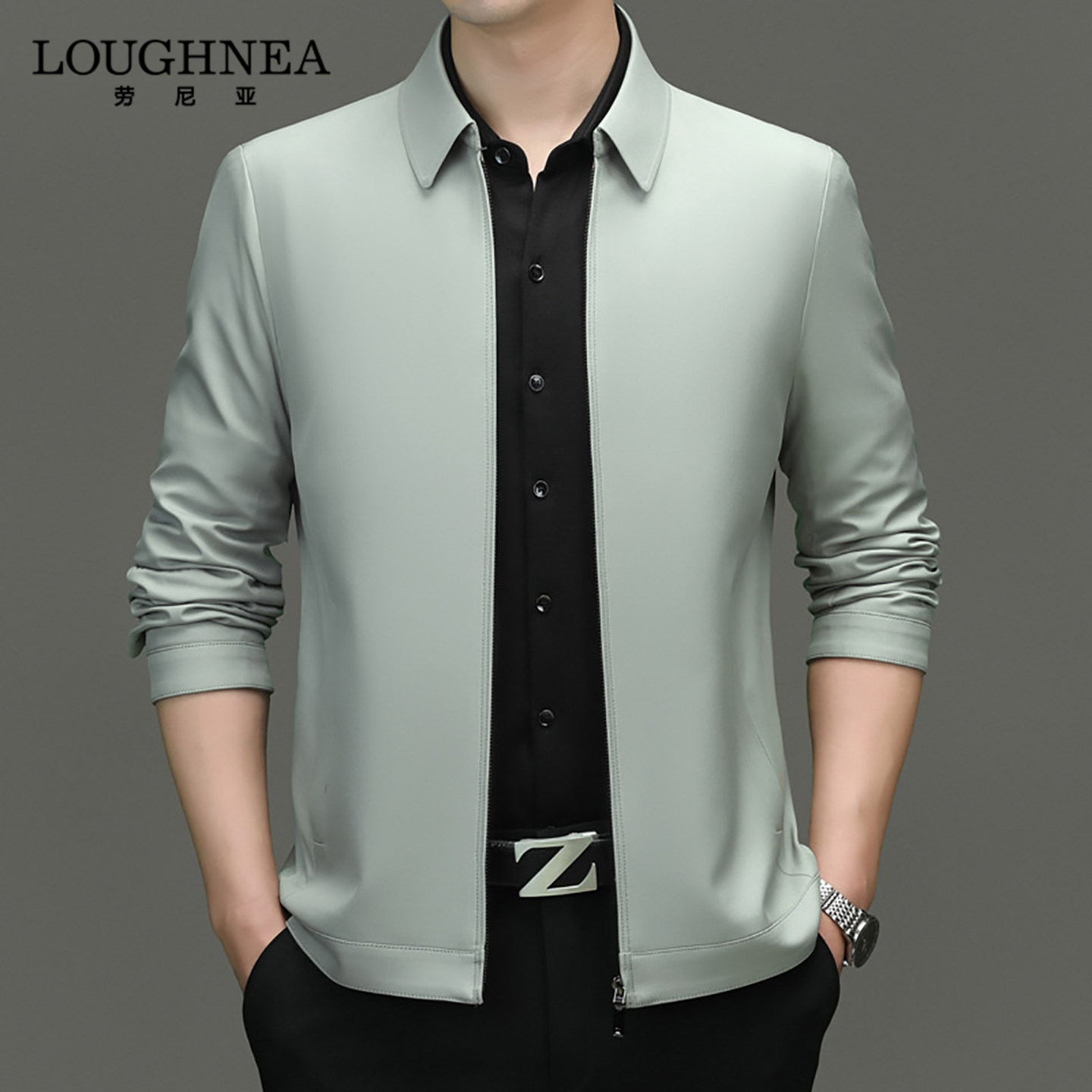 LOUGHNEA轻奢中年爸爸浅绿色翻领外套男春秋薄款商务休闲行政夹克