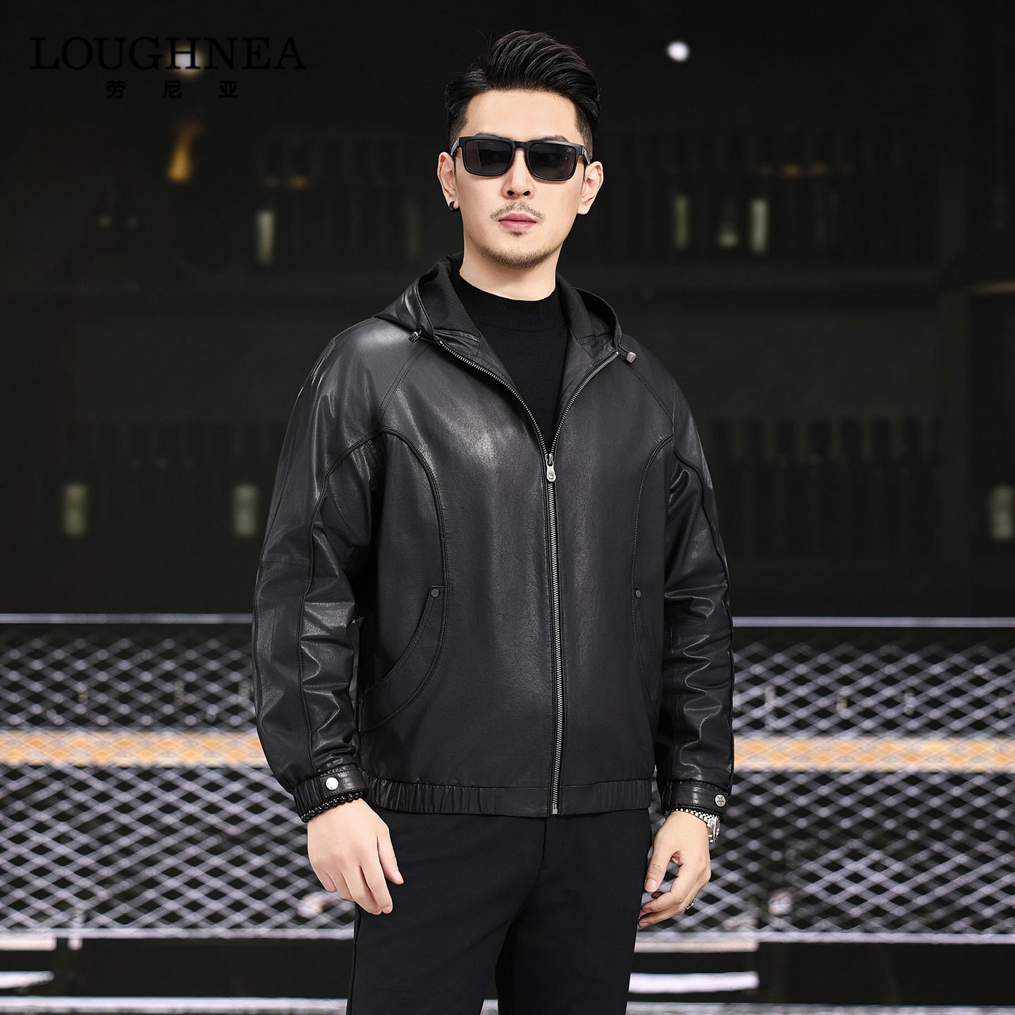 LOUGHNEA轻奢绵羊皮连帽皮衣外套男春秋薄款中年休闲宽松真皮上衣
