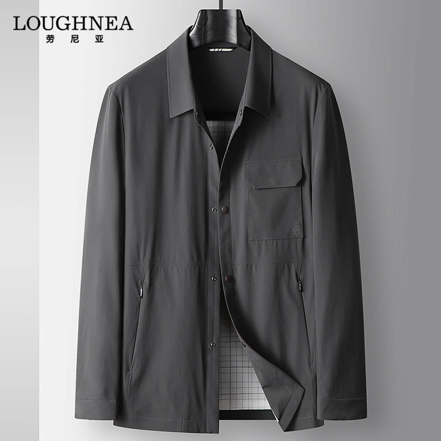 LOUGHNEA高端中年深灰色翻领工装夹克男外套春秋新款高级感茄克衫