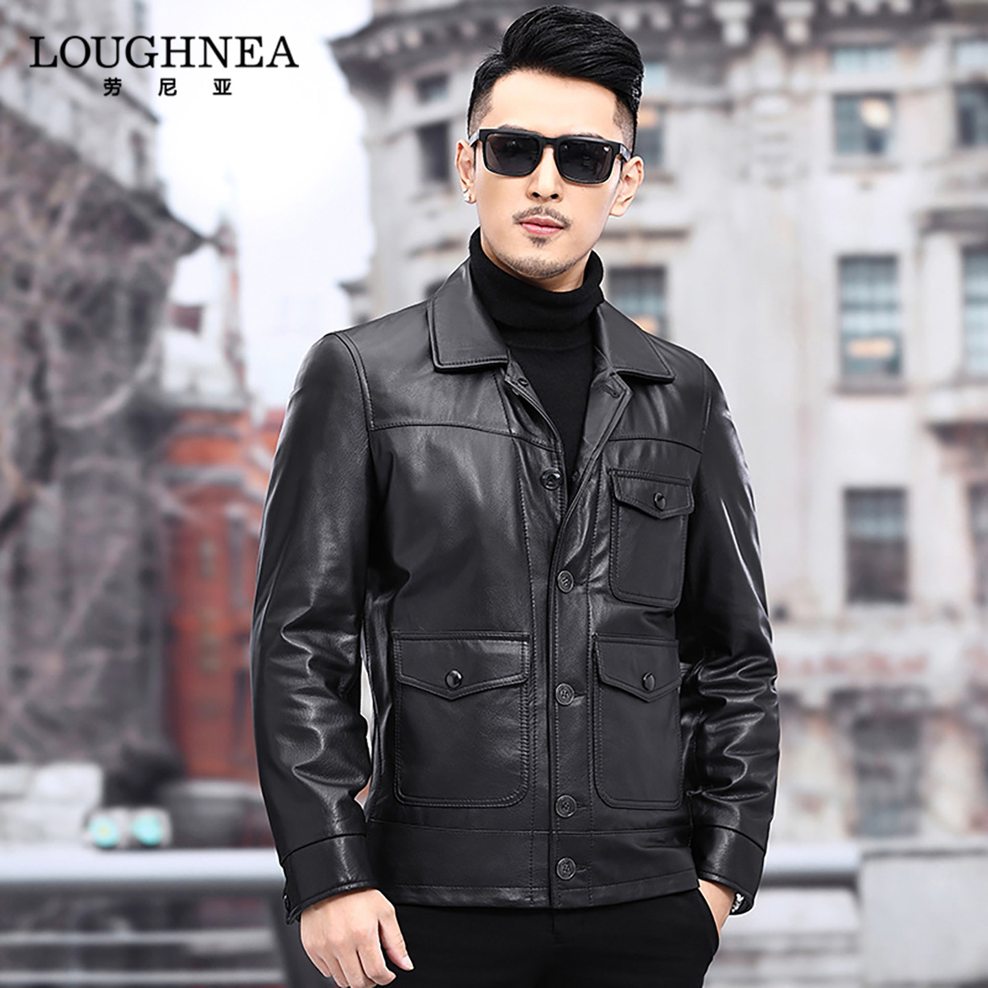 LOUGHNEA高端中年爸爸黑色真皮皮衣男春秋新款多口袋单排扣皮夹克