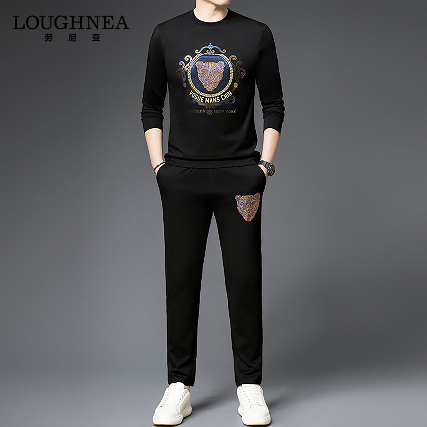 LOUGHNEA潮牌豹头印花运动套装男春秋季高级感中年卫衣长裤两件套