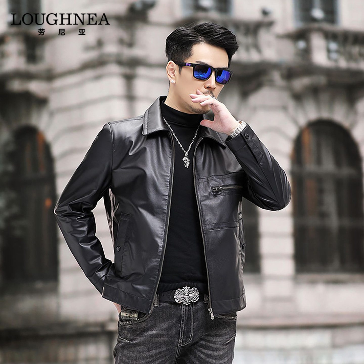 LOUGHNEA轻奢中年商务机车真皮皮衣男春秋中年修身头层牛皮夹克潮