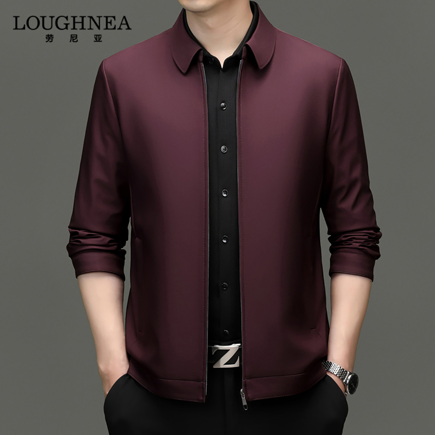 LOUGHNEA高端爸爸装红色行政外套男夹克2026春秋中老年翻领茄克衫