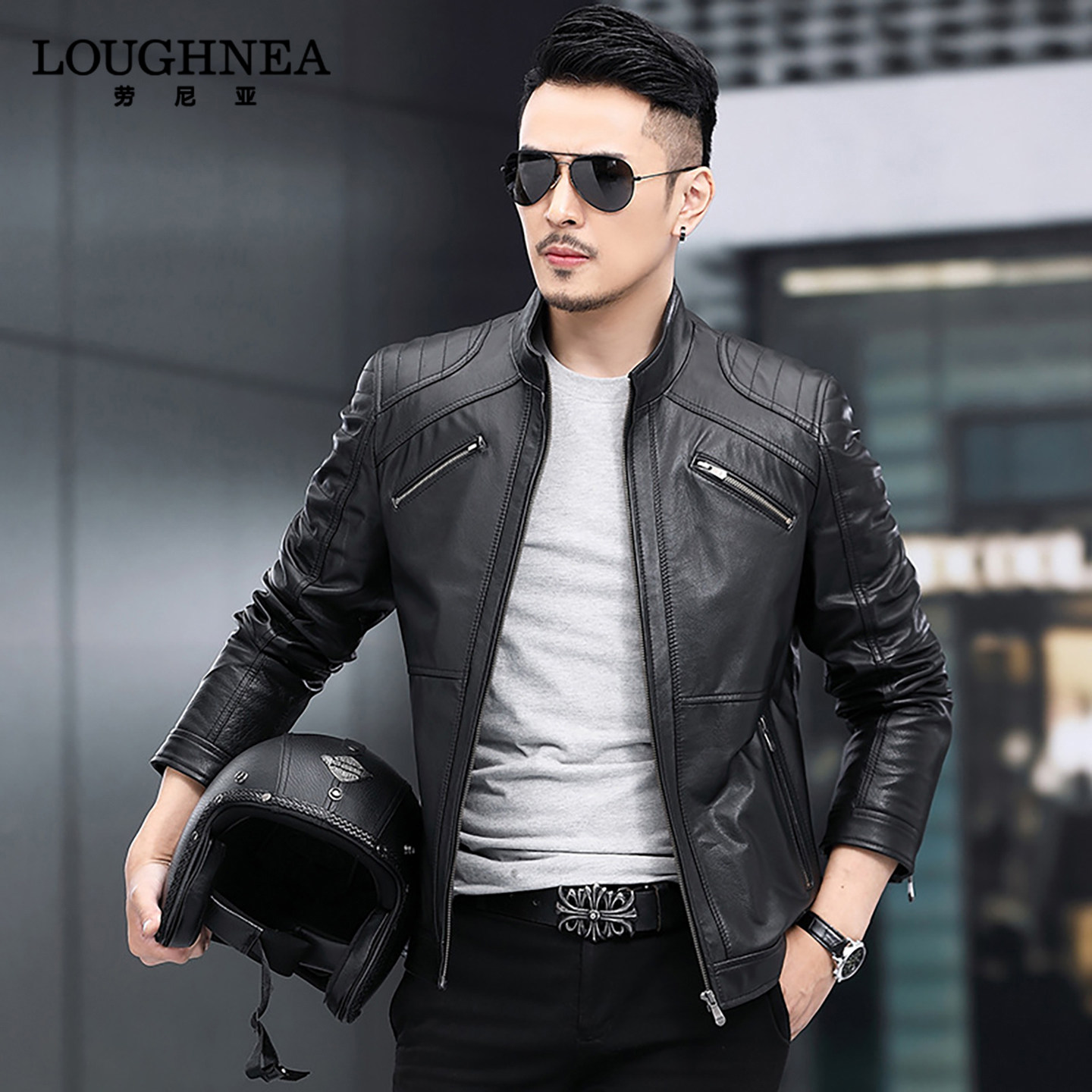 LOUGHNEA高端中年立领机车皮衣外套男2026春秋款头层牛皮痞帅夹克