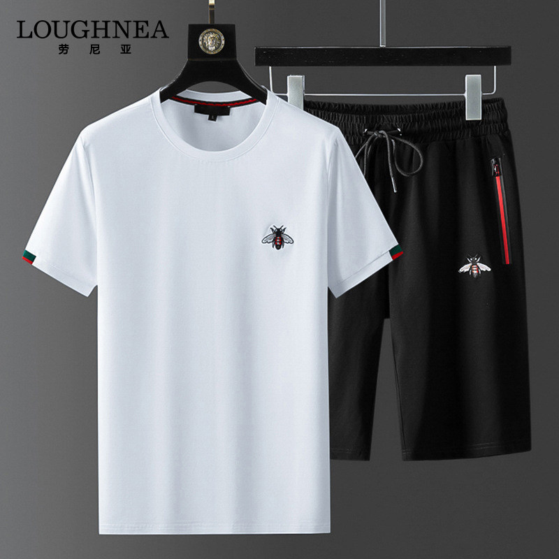LOUGHNEA高档小蜜蜂刺绣套装男短袖t恤宽松短裤运动跑步两件套潮