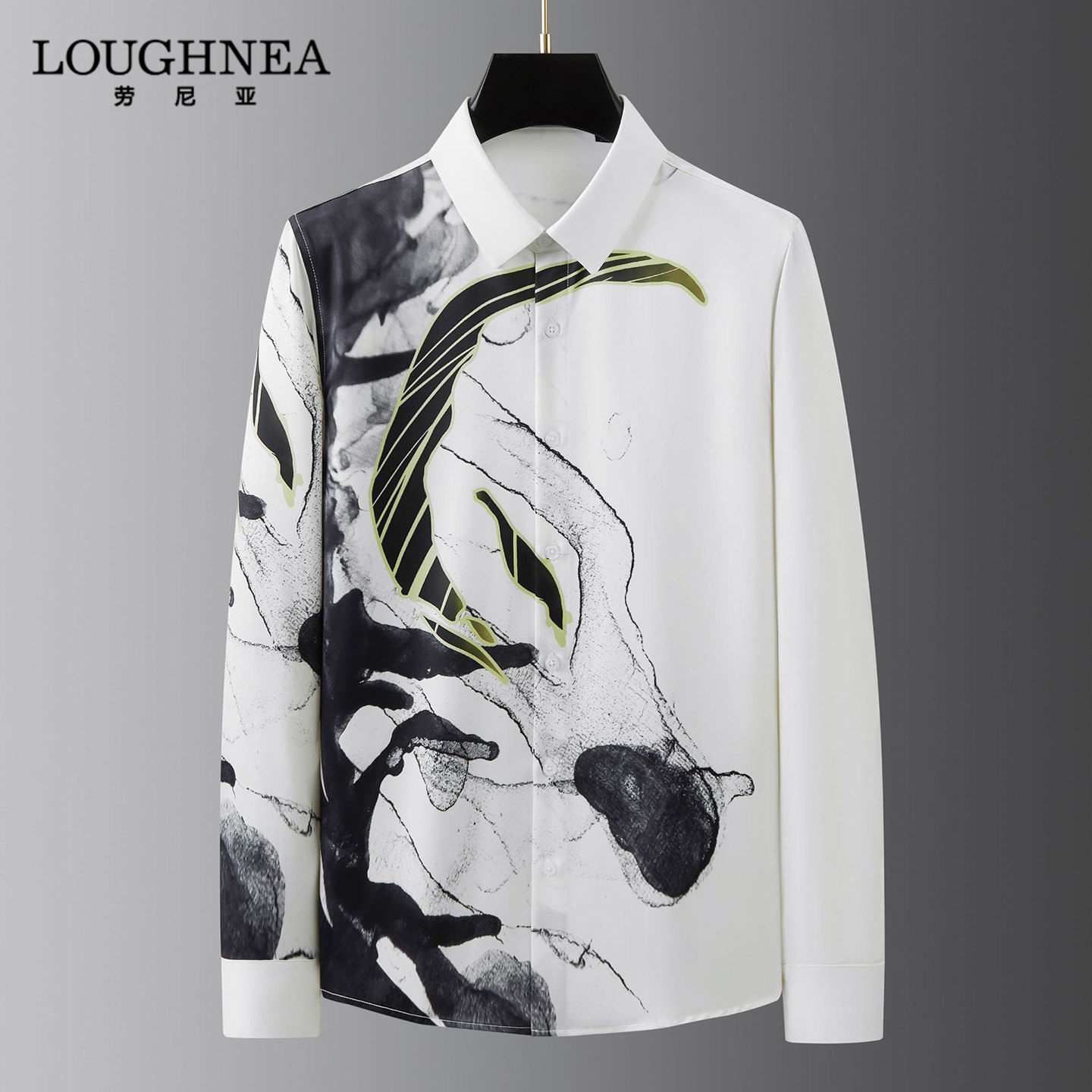 LOUGHNEA高级感免烫抗皱长袖衬衫男2026春秋潮流对位数码印花衬衣