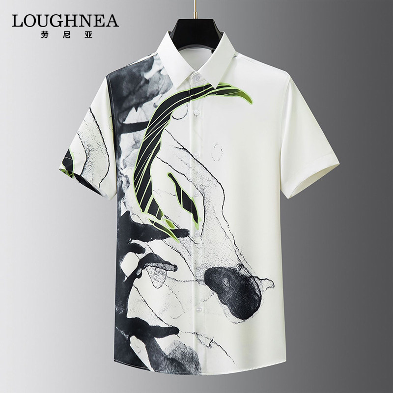 LOUGHNEA高档中年痞帅花衬衫男士短袖夏季薄款高级感修身半袖衬衣