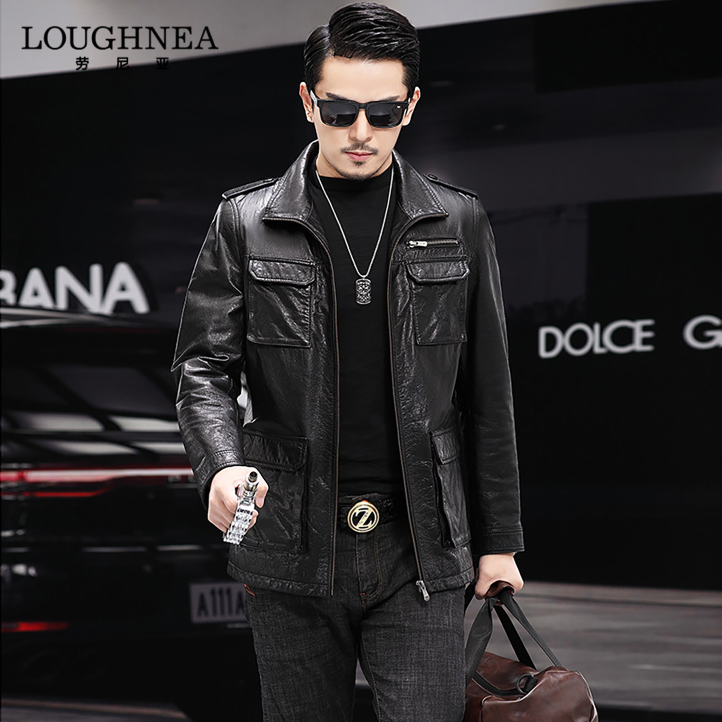 LOUGHNEA轻奢中年商务翻领皮衣外套男2026新款春秋薄款牛皮皮夹克