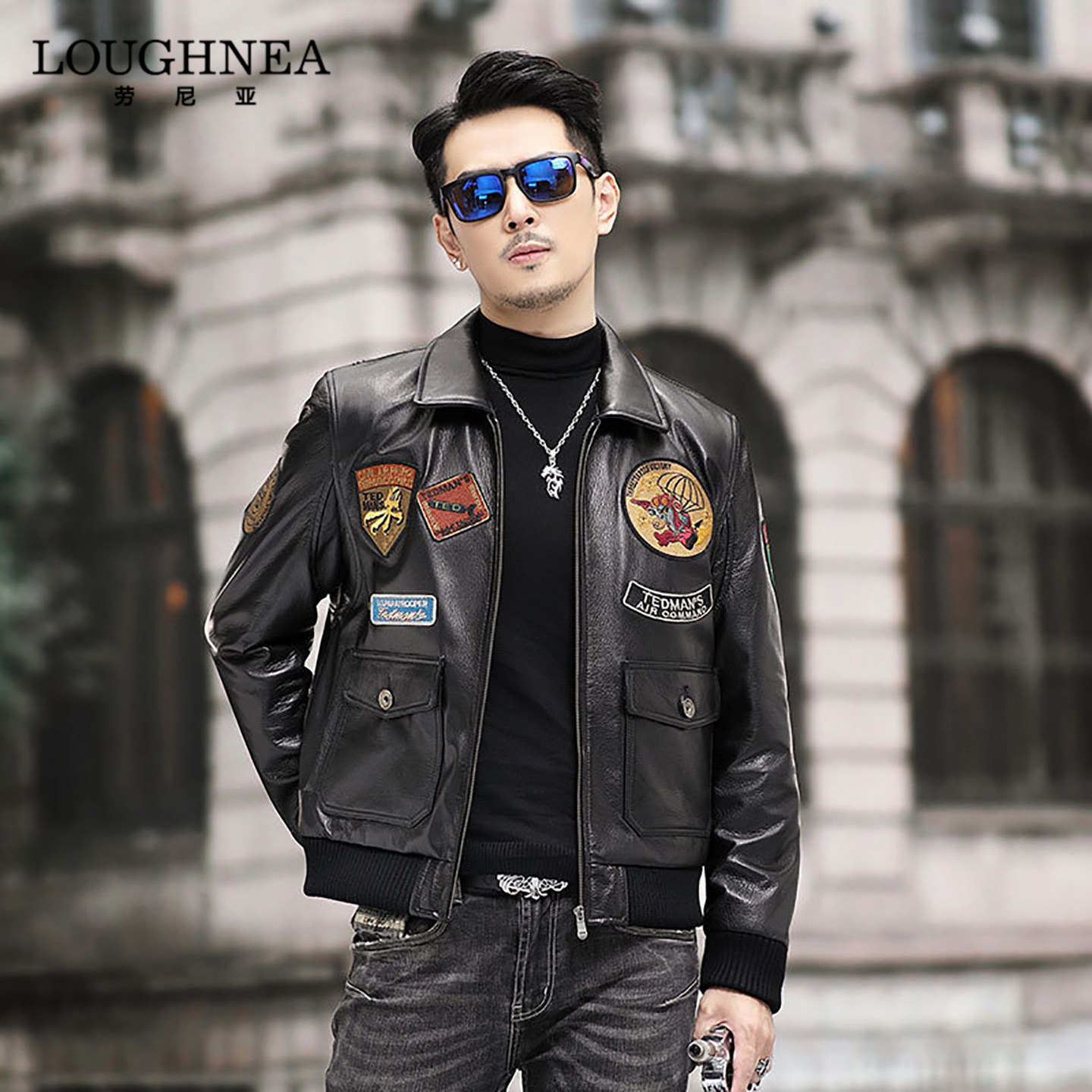 LOUGHNEA轻奢痞帅山羊皮机车皮衣外套男春秋复古刺绣徽章翻领夹克