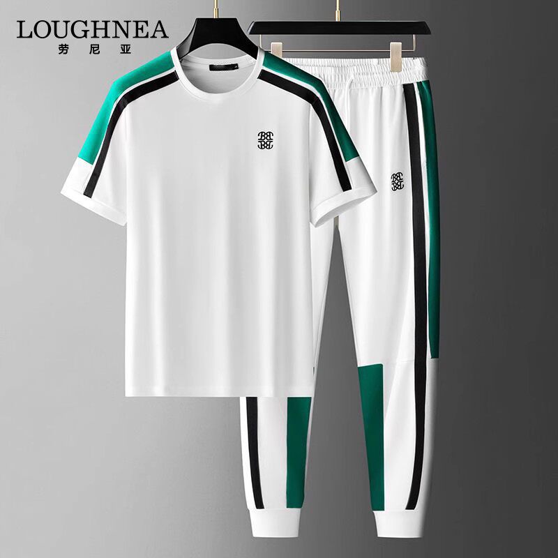 LOUGHNEA高级感丝光棉短袖t恤运动套装男夏季新款休闲长裤一整套