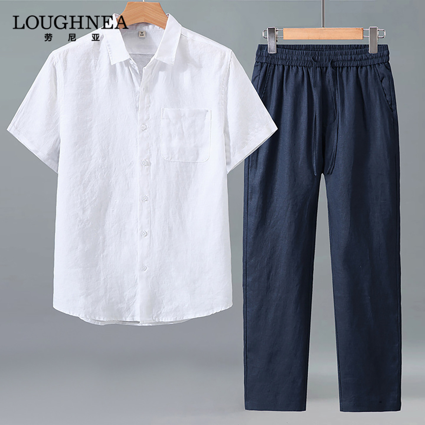 LOUGHNEA品牌复古中式亚麻衬衫男休闲套装夏季薄款短袖长裤两件套