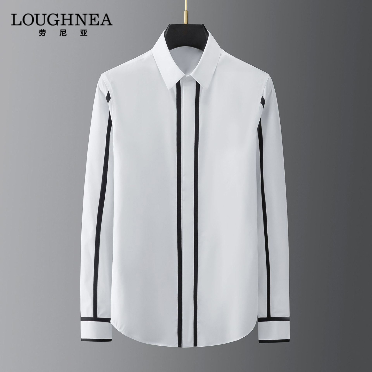 LOUGHNEA正品撞色条纹白色衬衫男士长袖春秋新款中年商务修身衬衫