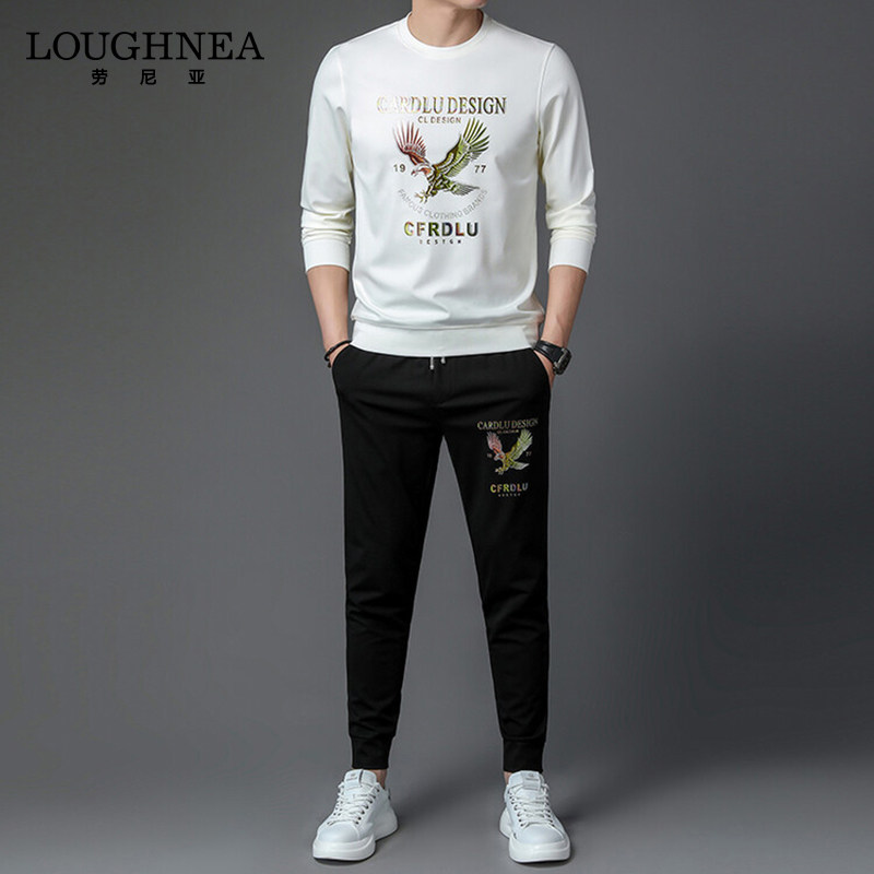 LOUGHNEA潮牌老印花圆领卫衣休闲套装男2026新款春秋束脚裤两件套