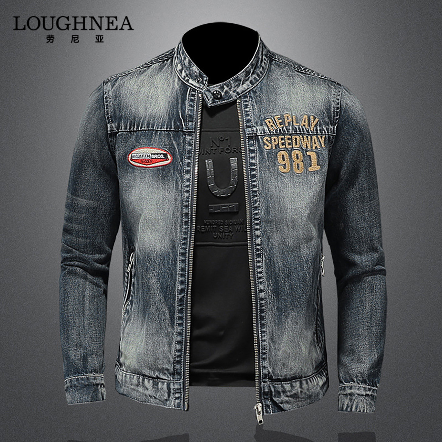 LOUGHNEA高端重磅刺绣立领牛仔外套男2026新款春秋机车男装牛仔服