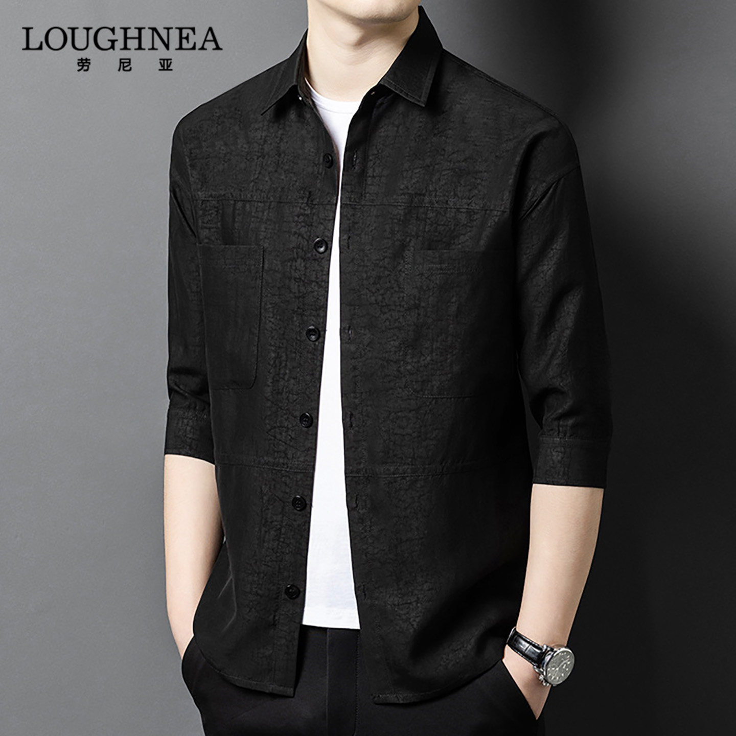 LOUGHNEA高端龟裂纹桑蚕丝五分袖衬衫男士春秋重磅香云纱真丝衬衣