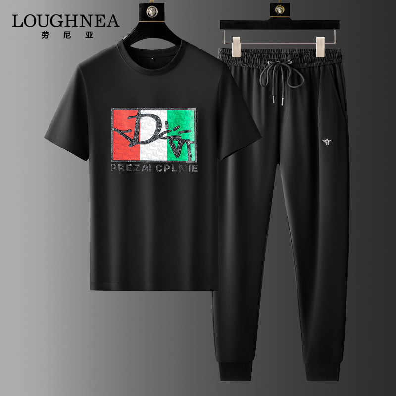 LOUGHNEA欧洲站情侣T恤休闲短袖套装夏季新款烫钻潮牌运动两件套
