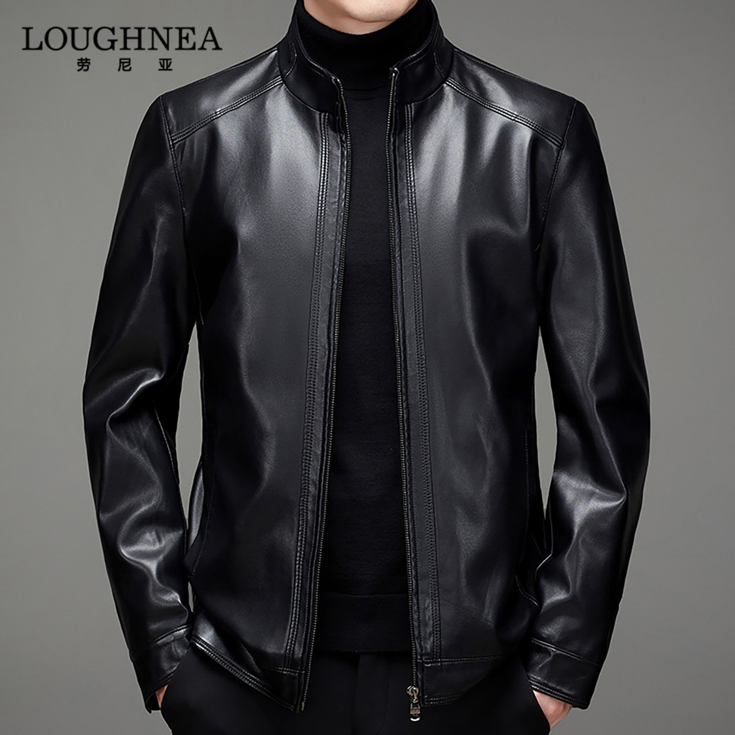 LOUGHNEA高端黑色立领皮夹克男春秋新款中年爸爸装机车PU皮衣外套
