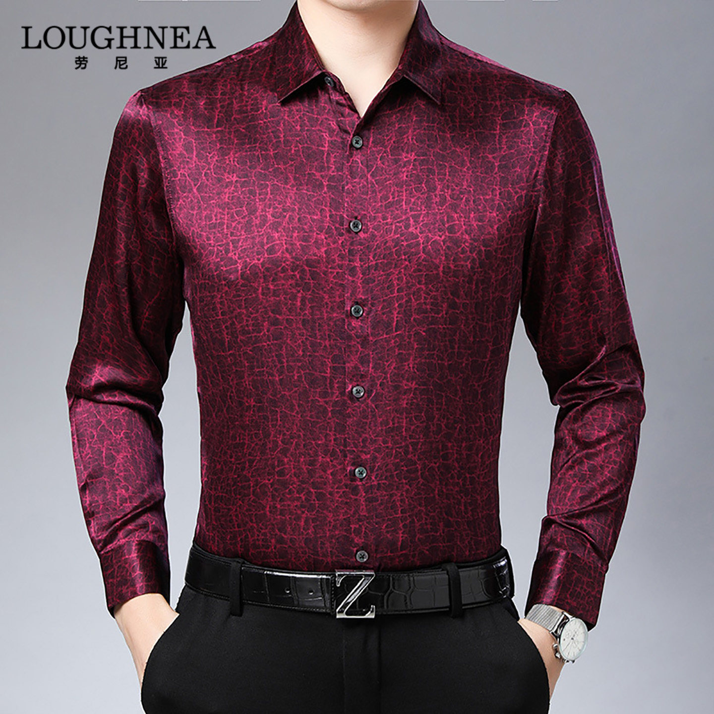 LOUGHNEA轻奢红色桑蚕丝衬衫男高级感春秋中年爸爸装真丝长袖衬衣