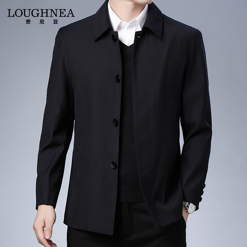 LOUGHNEA高级感黑色夹克外套男春秋款中年爸爸休闲纽扣翻领夹克衫