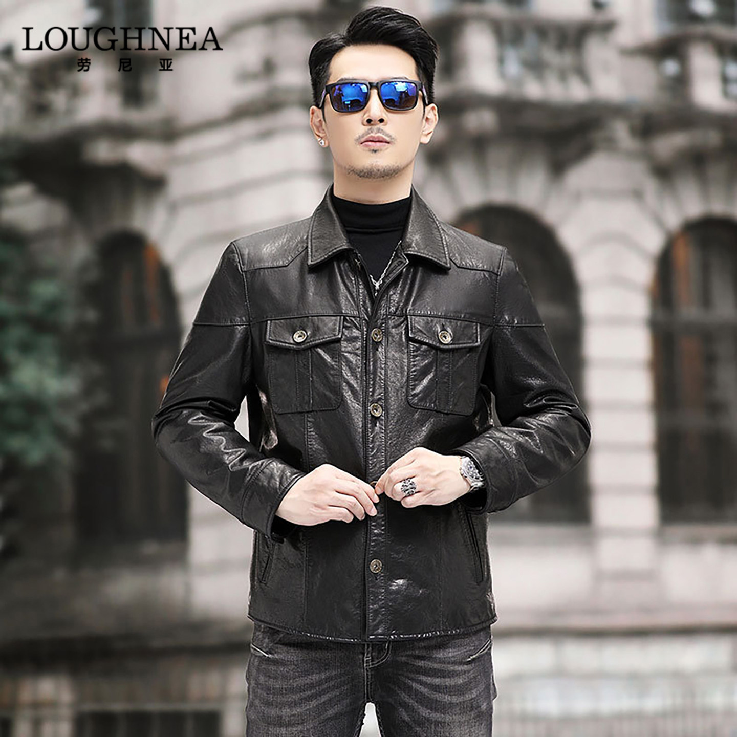 LOUGHNEA正品黑色翻领真皮皮衣外套男士春秋防风机车头层牛皮夹克