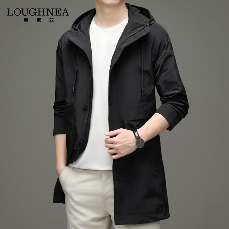 LOUGHNEA高端中长款连帽休闲风衣男春秋薄款中年时尚商务夹克外套