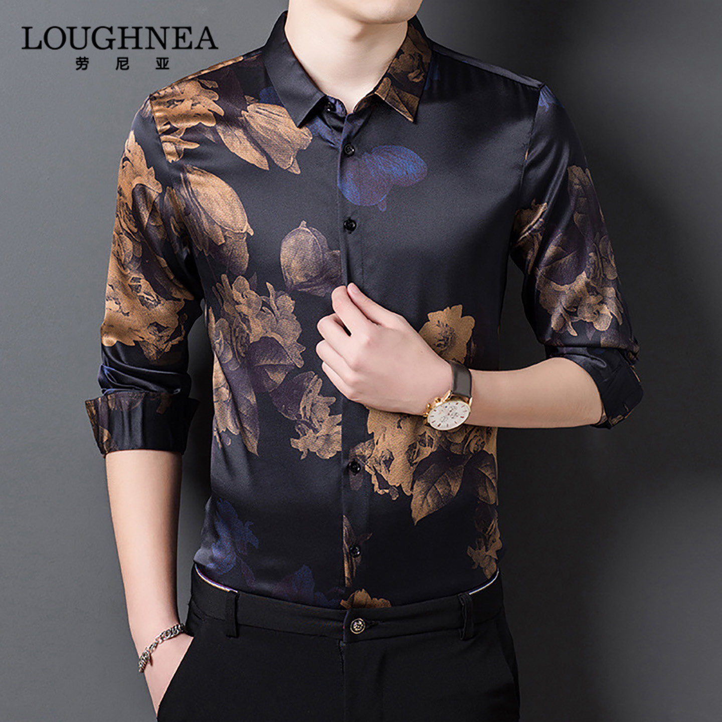 LOUGHNEA高端桑蚕丝衬衫男长袖高级感痞帅春秋季中年商务印花衬衣