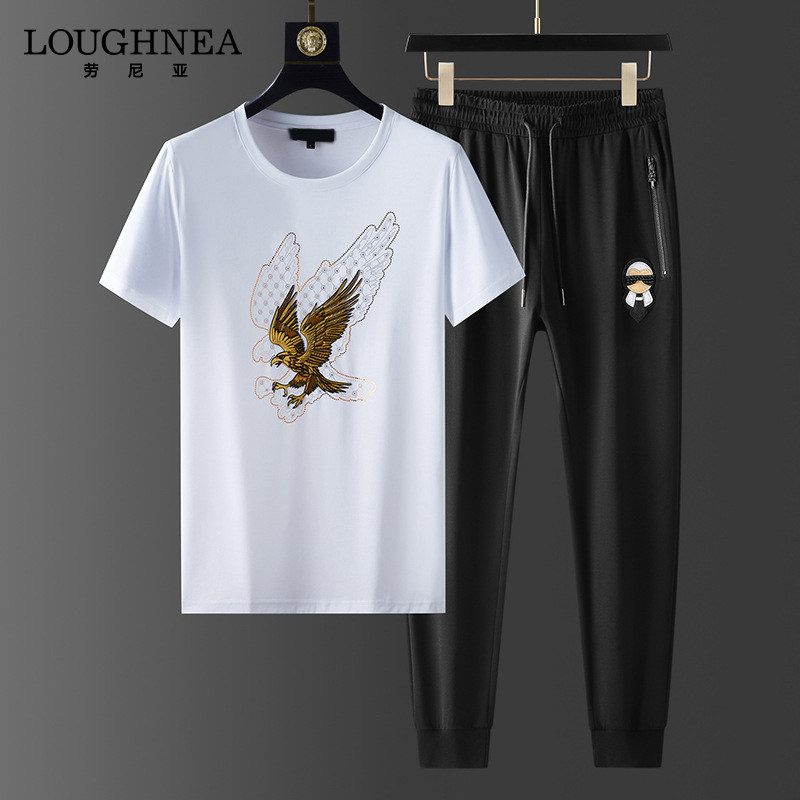 LOUGHNEA欧洲站丝光棉老鹰烫钻运动套装男短袖T恤休闲长裤两件套