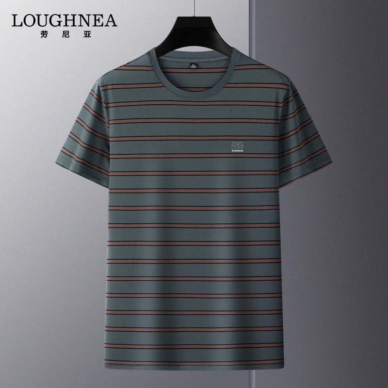 LOUGHNEA轻奢色织烫钻短袖条纹T恤衫男透气吸汗中年爸爸打底上衣