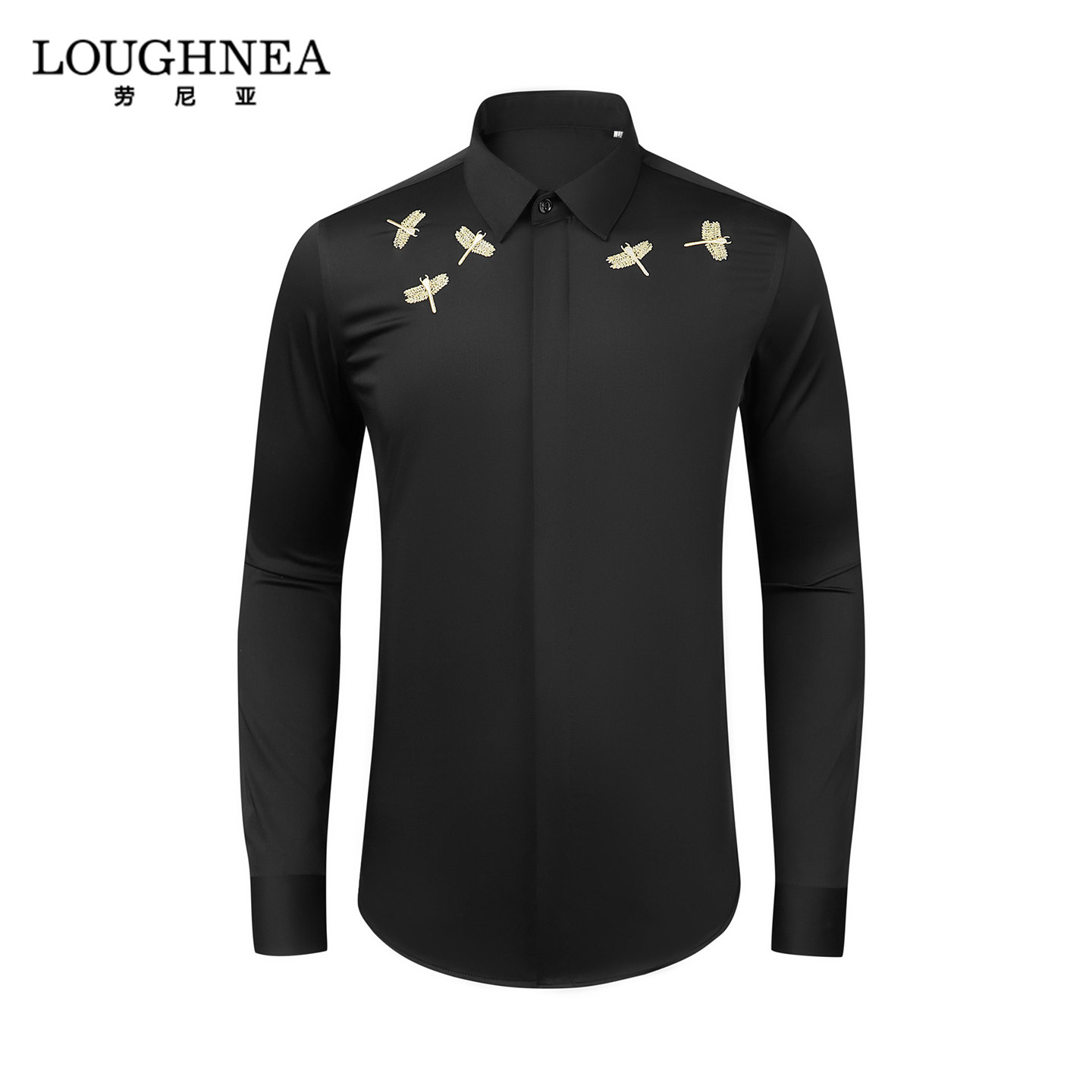 LOUGHNEA高端新中式男装黑衬衫长袖2026新款春秋金蜻蜓刺绣衬衣潮