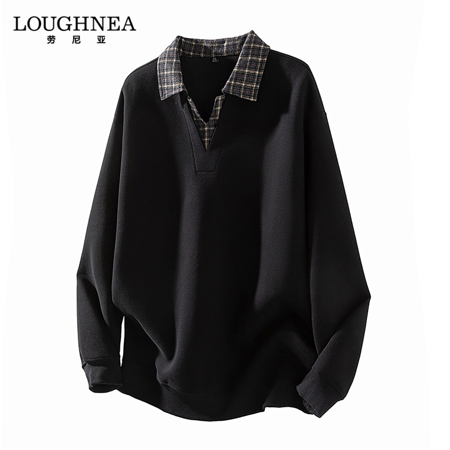 LOUGHNEA品牌复古假两件卫衣男春秋新款休闲宽松格子翻领长袖上衣