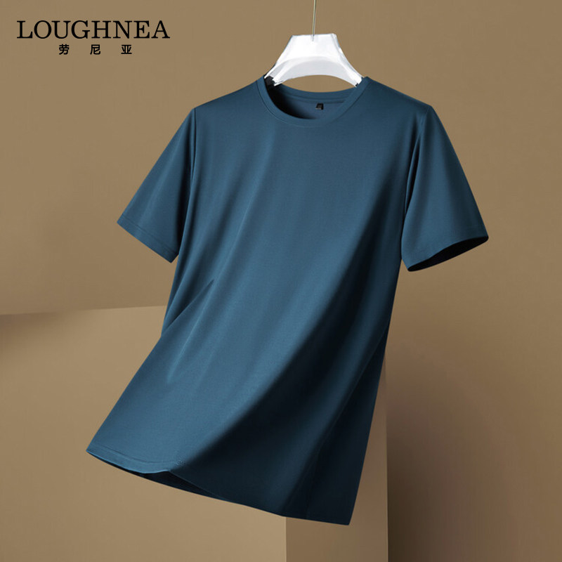LOUGHNEA高端蓝色冰丝短袖T恤男圆领夏季新款休闲体恤凉感打底衫