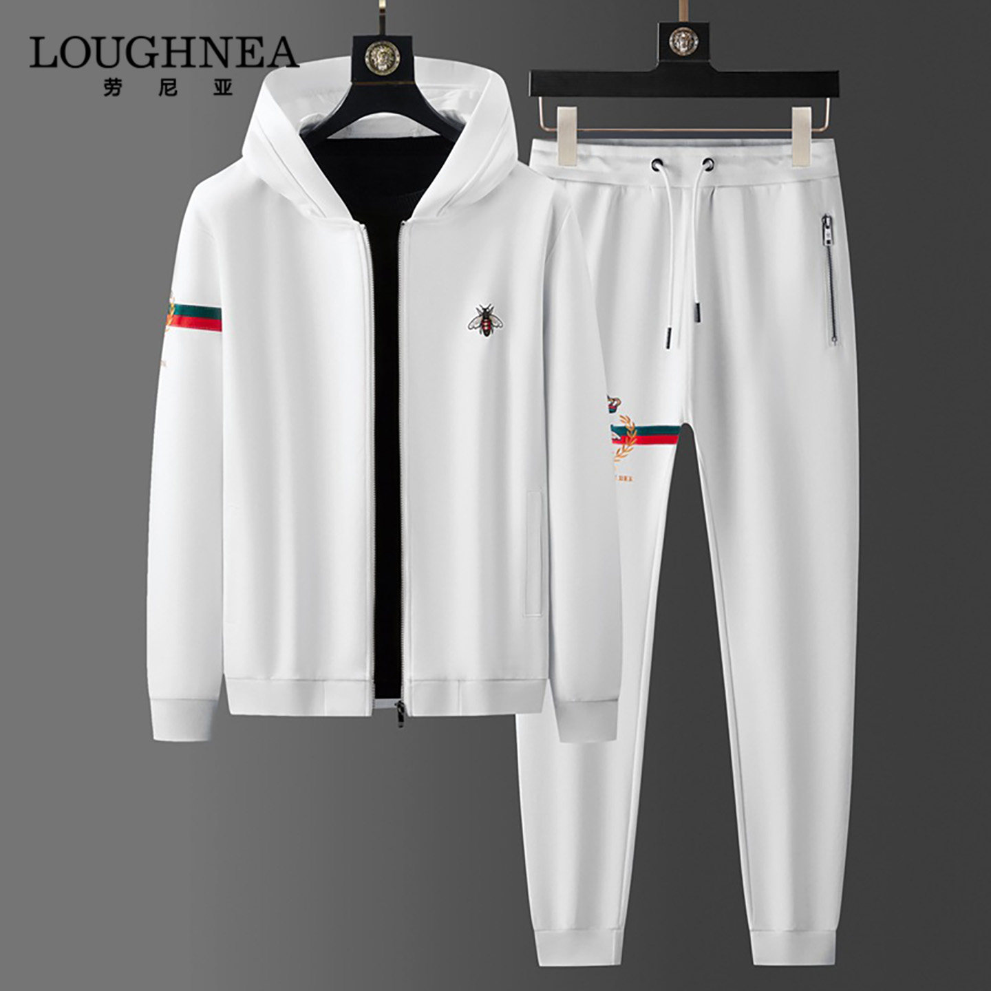 LOUGHNEA欧洲站小蜜蜂刺绣纯棉运动套装男2026春秋连帽卫衣两件套