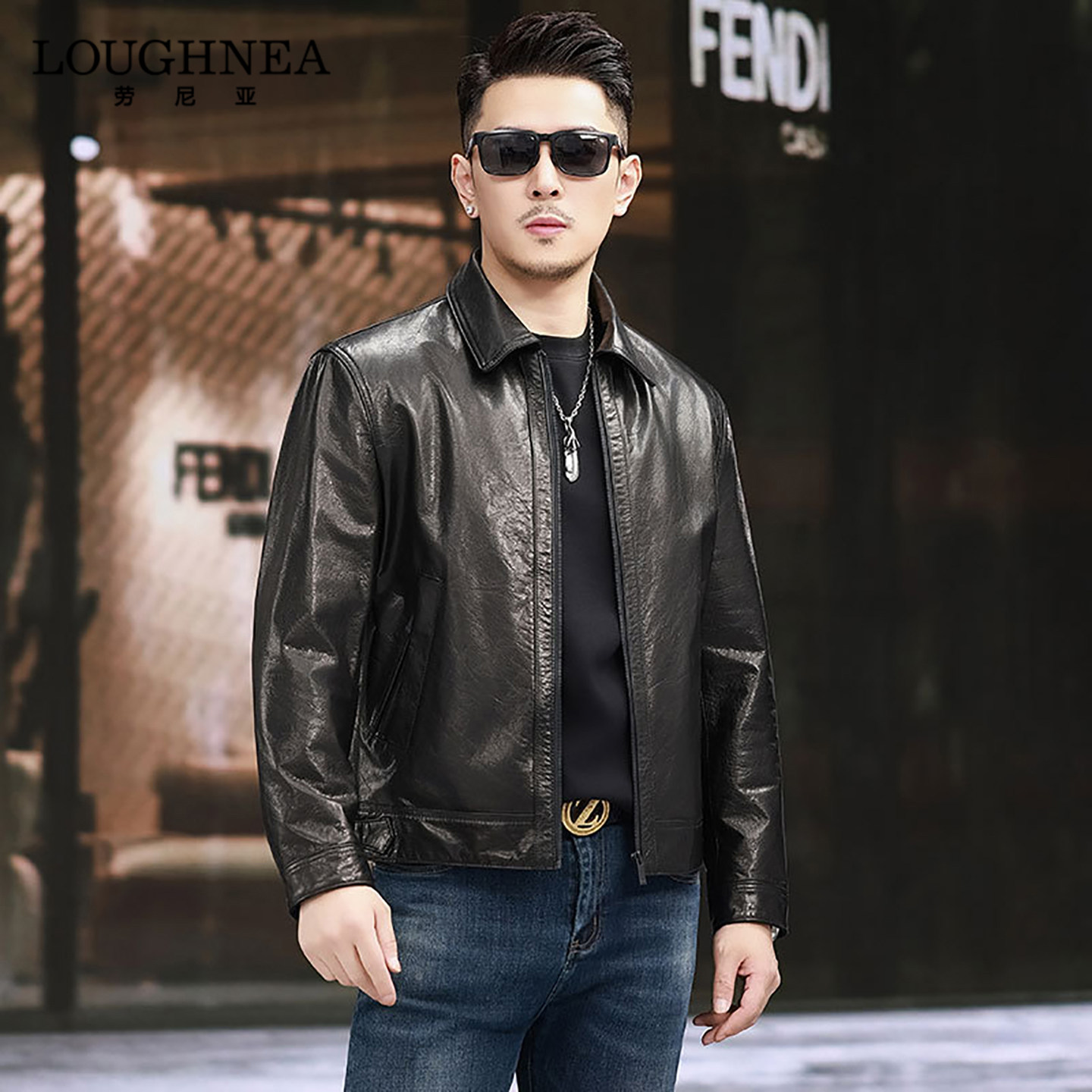LOUGHNEA轻奢黑色翻领皮衣外套男春秋薄款痞帅防风油蜡小牛皮夹克