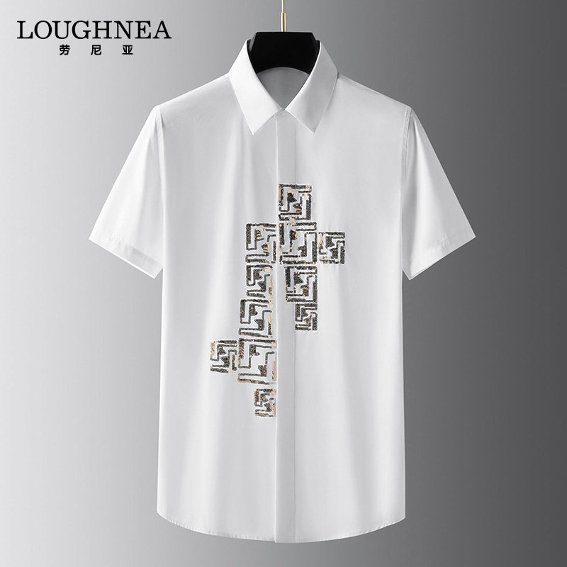 LOUGHNEA轻奢修身白色衬衫男短袖夏季金色珠片刺绣高级感半袖衬衣