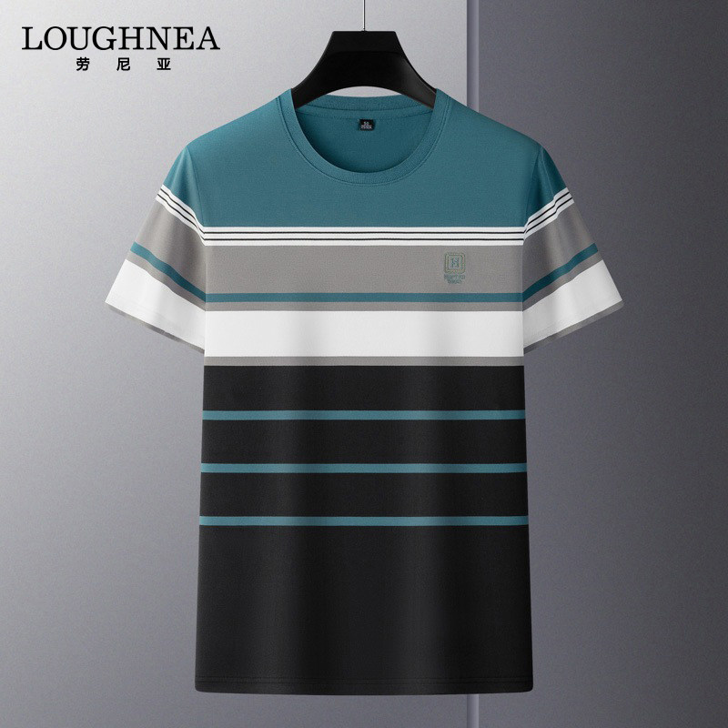 LOUGHNEA高端条纹刺绣短袖T恤男吸汗透气上衣中年圆领色织半袖衫